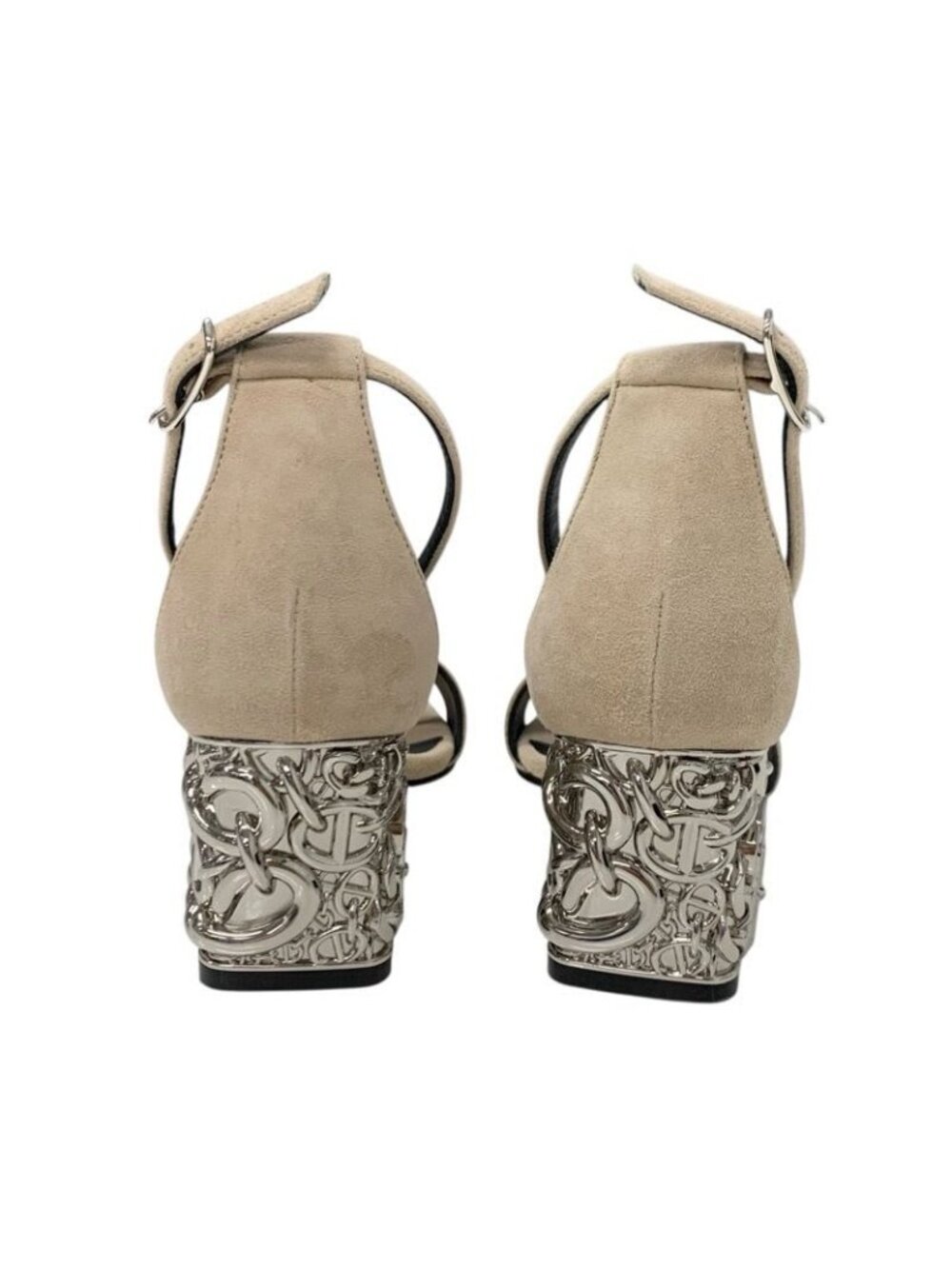 Hermes Gram 60 Sandals Shoes Suede Beige Silver Chaine D'ancre Metal Heel Strap - Picture 6 of 11